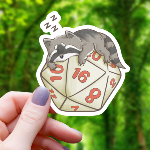 STK: Raccoon Sleeping on D20 Sticker - 3"