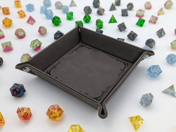 Dragon Border - D&D - Vegan Leather Dice Rolling Tray: Grey